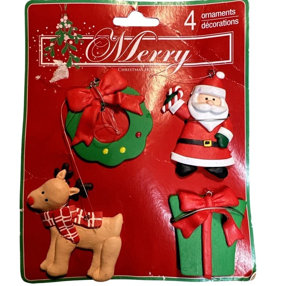 Merry Christmas House 4‎ pc Ornament Set Santa Reindeer Wreath Gift New